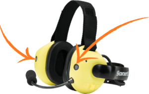 Sonetics Wireless Headset with arrows pointing to front-facing microphones on each ear dome.