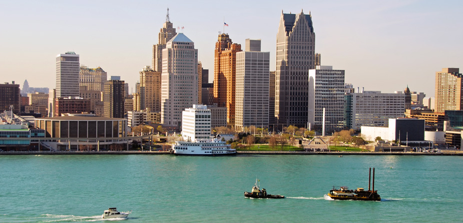 Sunny cityscape of Detroit, Michigan.
