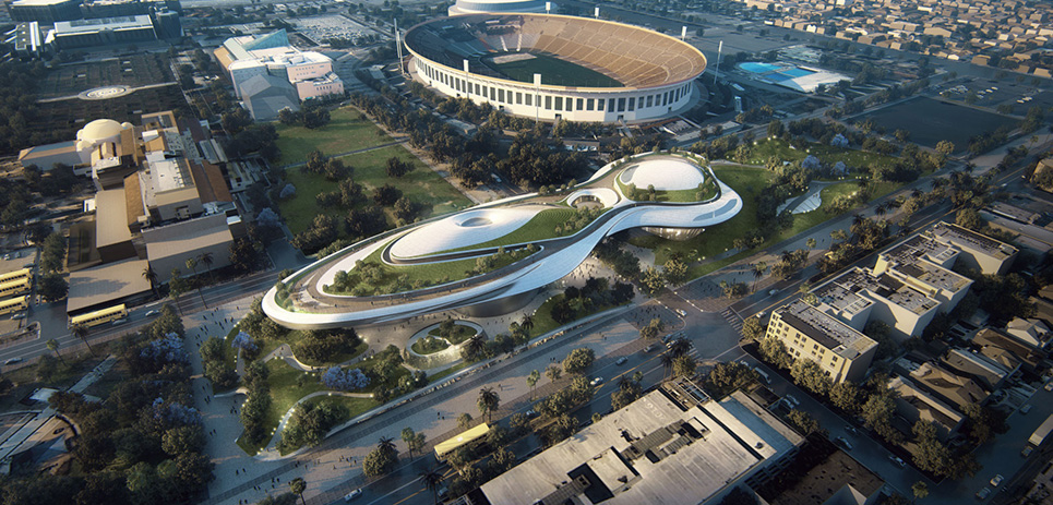 Architectural rendering of the proposed Lucas Museum of Narrative Art in Los Angeles, California.